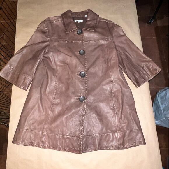 Vince brown leather peacoat 3/4 sleeves size large coat jacket - Picture 8 of 10